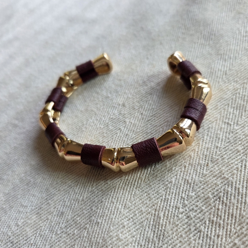 Bamboo Motif Cuff Bracelet with Leather Detailing
